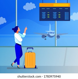 Woman consulting departure digital board in airport. Tourist with suitcase waiting boarding flat vector illustration. Travel, vacation concept for banner, website design or landing web page
