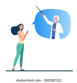 Woman consulting doctor online. Patient with phone, senior physician in speech bubble flat vector illustration. Internet, medical consultation concept for banner, website design or landing web page