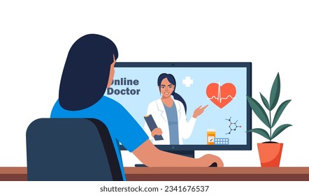 Woman consulting a doctor online using computer, telemedicine and online doctor concept. Video call meeting with doctors at home. Online doctor talking with a patient. Vector illustration