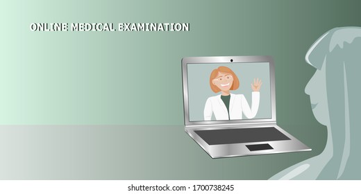 A woman is consulting with a doctor online.computer notebook and Gradient background.vector,illustration.doctor.