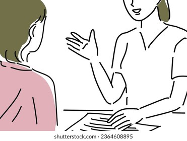 woman consulting woman esthetician hand drawing illustration, vector - Shutterstock ID 2364608895