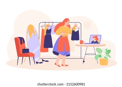 Woman consulting with personal stylist online. Stylist helping client to choose clothes. Consultant on computer screen flat vector illustration. Fashion, choice, wardrobe concept