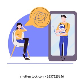 Woman consulting psychologist online. Doctor and patient discussing mental tangled rope, using computer for distance talk. Vector illustration for counseling, therapy, psychology, support concept.