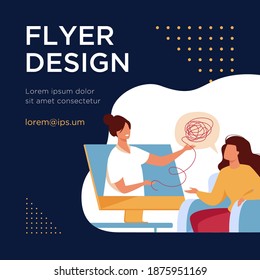Woman consulting psychologist online. Doctor and patient discussing mental tangled rope, using computer for distance talk. Vector illustration for counseling, therapy, psychology, support concept.