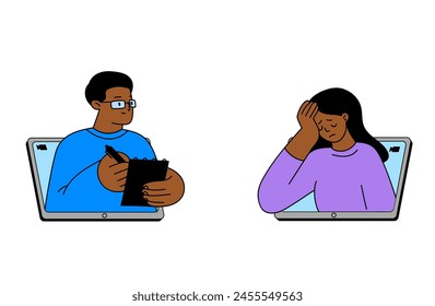 Woman consulting psychologist online. Doctor and patient discussing mental tangled rope, using computer for distance talk. Vector illustration for counseling, therapy, psychology, support concept.
