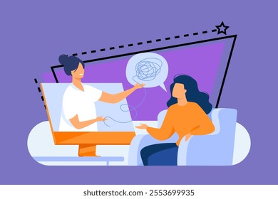 Woman consulting psychologist online. Doctor and patient discussing mental tangled rope, using computer for distance talk. Vector illustration for counseling, therapy, psychology, support concept.