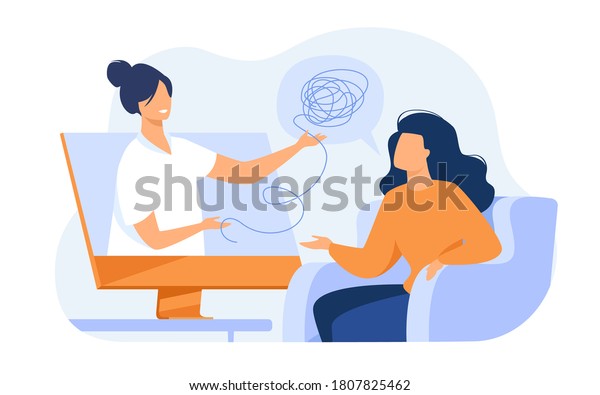 Woman consulting psychologist online. Doctor and\
patient discussing mental tangled rope, using computer for distance\
talk. Vector illustration for counseling, therapy, psychology,\
support concept.