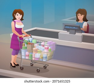 A Woman Consumer Arrives With Her Full Shopping Cart Next To The Conveyor Belt Of A Supermarket Checkout. A Cashier Is Behind The Cash Register.