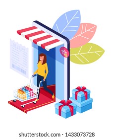 Woman consumer character holing shopping bags. Online internet shopping trading isometry concept. Vector flat cartoon graphic design illustration