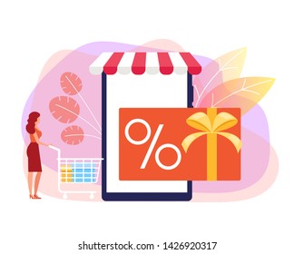 Woman consumer character making purchases online shop. Internet shopping special offer discount concept. Vector flat cartoon graphic design isolated illustration