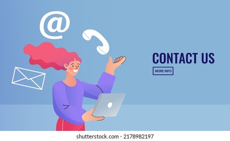 Woman With Contact Web mail,phone,email Icons. CONTACT US. cutomer support concept. Vector illustration in flat style.