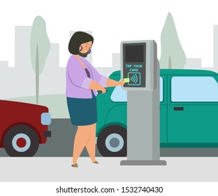 Woman in a contactless way pays for car parking place. Wireless contactless cashless payments validator flat vector illustration. Wireless technology concept in city infrastructure.