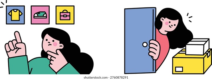 Woman contemplates choices while another eagerly awaits a delivery with an excited expression and open door