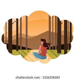 woman contemplating horizon in the forest scene vector illustration design