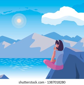 woman contemplating horizon in lake and mountains scene