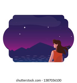 woman contemplating horizon in lake and mountains at night scene