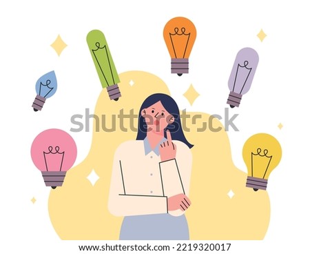 A woman is contemplating and various light bulbs are floating around her head. flat vector illustration.