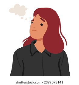 Woman With Contemplative Expression, Her Brows Slightly Furrowed, Deep In Thought. Her Eyes Reflect Mix Of Introspection And Pondering, Revealing A Moment Of Thoughtful Reflection. Vector Illustration