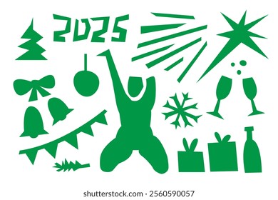 Woman contemporary abstract figures silhouette,hand drawn cut out feminine form celebrating 2025 holiday new year.Flat collage mid-century style,applique unique design,female shape festive poster