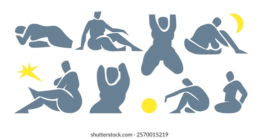 Woman contemporary abstract figures silhouette,hand drawn cut out feminine form different poses.Flat collage mid-century style,applique unique design,female shape poster,decorative art.Isolated.Vector