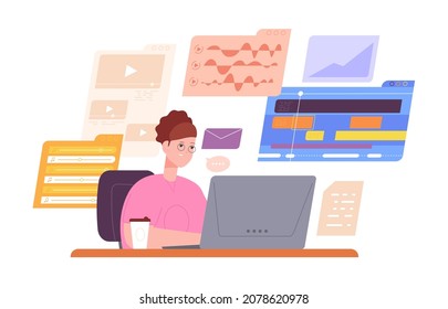 Woman content manager. Freelance entrepreneur design marketing, expert skill data analysis, successful designer ui website computer work technology, cartoon splendid vector illustration