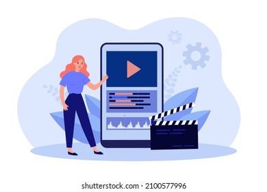 Woman With Control Sound App On Mobile Phone Screen. Person Recording Voice Or Streaming Flat Vector Illustration. Audio Record, Software Concept For Banner, Website Design Or Landing Web Page