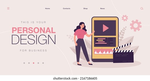 Woman With Control Sound App On Mobile Phone Screen. Person Recording Voice Or Streaming Flat Vector Illustration. Audio Record, Software Concept For Banner, Website Design Or Landing Web Page