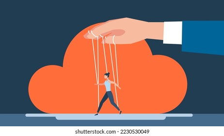 Woman is controlled by a puppet master. Business manipulator concept. Boss puppet abuse manipulations, employer domination exploitation, dictator control, authority manipulator. Vector illustration