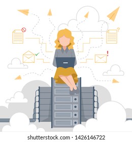 Woman controlling data with her laptop..