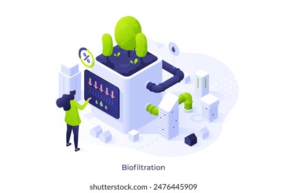 Equipo de control de la mujer para la purificación del agua con la tecnología respetuosa del medio ambiente. Concepto de biofiltración de Ilustración vectorial isométrica. Dama procesando aguas residuales de dibujos animados de carácter de composición de color