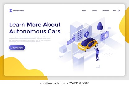 Woman controlling smart autonomous vehicle driving on city street. Autonomous cars landing page isometric template. Future of urban traffic safety creative 3d vector illustration for web page