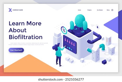 Woman controlling work of modern bioreactor with trees in city. Bio-filtration landing page isometric template. Water purification technologies creative 3d vector illustration for web page