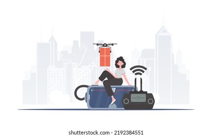A woman controls a drone with a parcel. The concept of cargo delivery by air. trendy style. Vector.