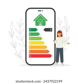 Woman controls energy consumption with mobile app. Energy rating class. Eco friendly. Vector illustration.
