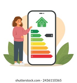 Woman controls energy efficiency with mobile app. Energy rating class and home icon on screen device. Eco friendly. Vector illustration.