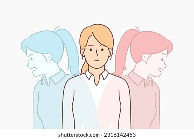 Woman controls own mental state, not wanting to show emotions to others. Young girl entangled in emotions needs support of psychotherapist to avoid mental disorder or split personality.