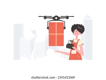 A woman controls a quadcopter with a parcel. The concept of cargo delivery by air. Flat modern design. Vector.