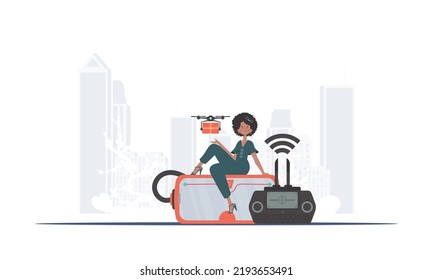 A woman controls a quadcopter with a parcel. Delivery concept. trendy style. Vector illustration.