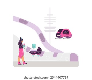 Una mujer controla un cochecito volador inteligente que lee signos vitales. Camina por la ciudad. Coche volador. Futuras altas tecnologías. Vista lateral. Paisaje de la ciudad. Ilustración vectorial.