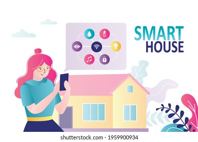 Woman controls smart house remotely through application. App on phone to control various systems at home. Various web icons. Automatic protection, lighting and other functions.Flat vector illustration