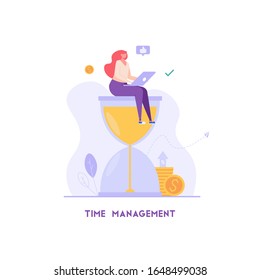 Woman controls time. Businesswoman manages tasks and works efficiently. Concept of time management, productivity, multitasking. Vector illustration in flat design for UI, web banner, landing page