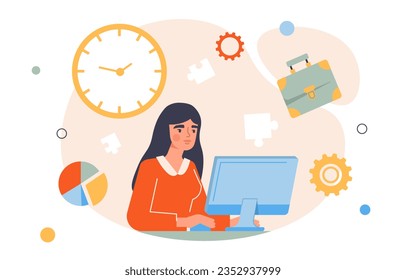 Woman controls time concept. Young girl sitting at computer in front of clock. Time management and organization of efficient workflow. Planning and strategy. Cartoon flat vector illustration