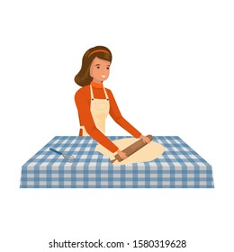 Woman cook in apron rolling dough for baking vector illustration