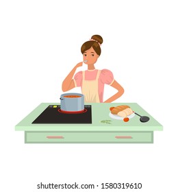 Woman cook in apron tasting freshly cooked soup vector illustration