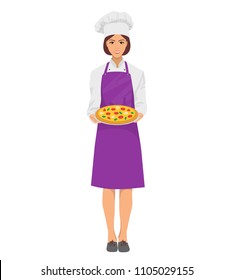 the woman cook in a cap and apron made pizza for you, the chef keeps a delicious dish with dough, tomato, basil and mushroom food
