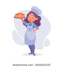 Woman Cook or Chef Character in Uniform Holding Pie on Plate Vector Illustration