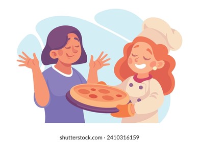 Woman Cook or Chef Character in Uniform with Pizza Cooking Meal Vector Illustration