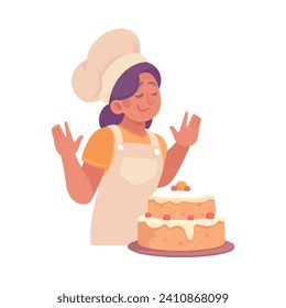 Woman Cook or Chef Character in Uniform with Cake Vector Illustration