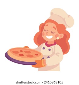 Woman Cook or Chef Character in Uniform Holding Pizza Vector Illustration