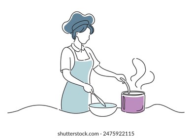 woman cook cooking in a restaurant, doodle continuous line art vector illustration.